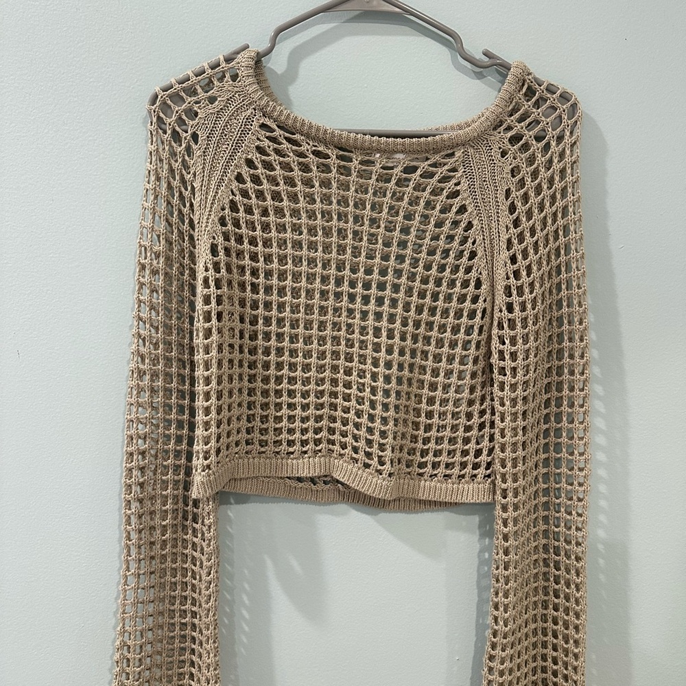 Tan Crochet Knit Sweater